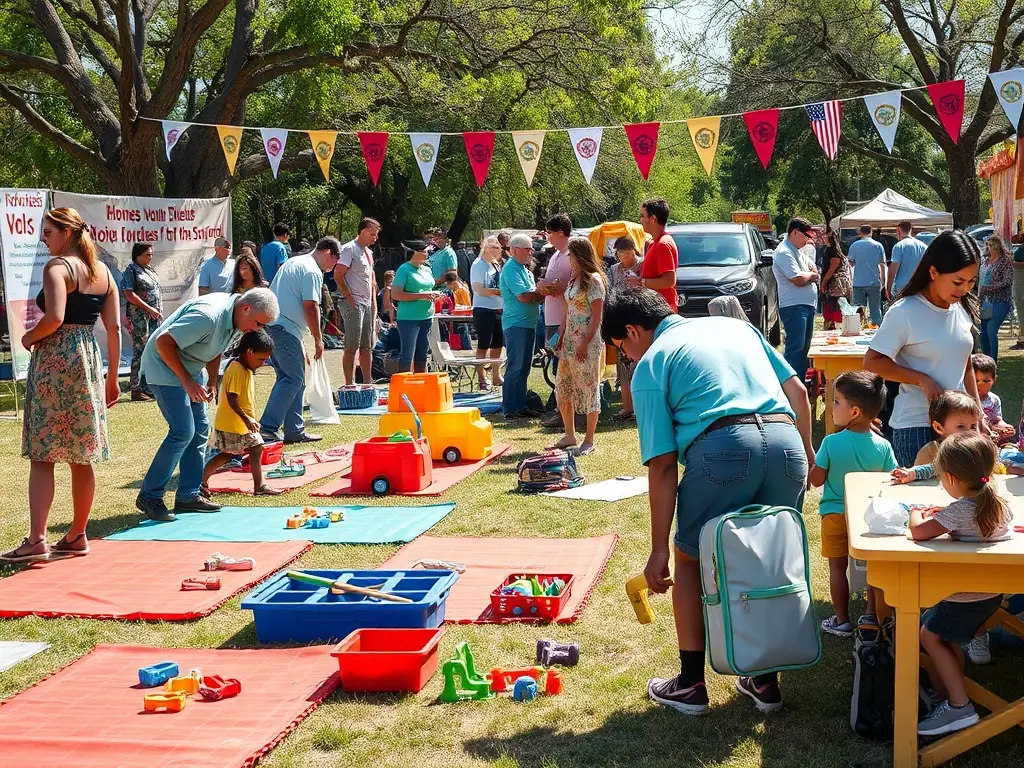 An image of volunteers setting up a play area at a local community event, highlighting the organization's commitment to community engagement and support.