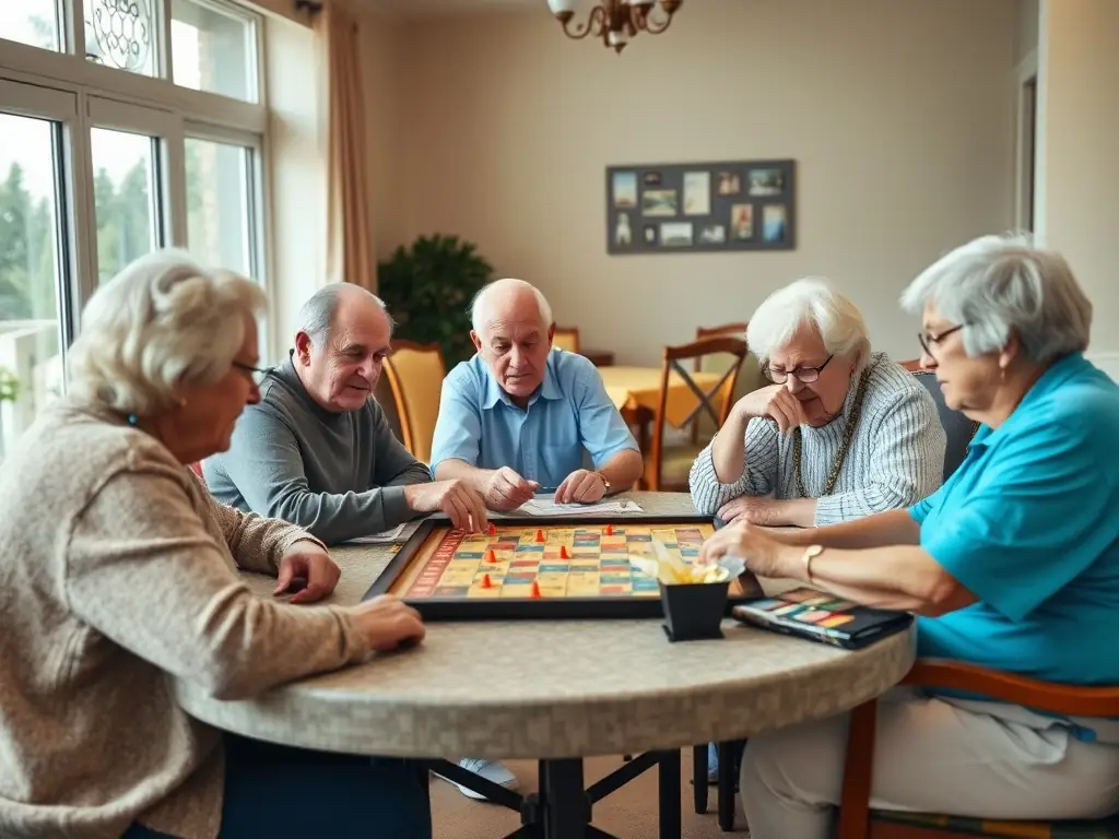 An image of a group of seniors engaged in a board game activity, highlighting the intergenerational connections and cognitive benefits of ASSOCIATION LUDOBUS's senior-focused programs.