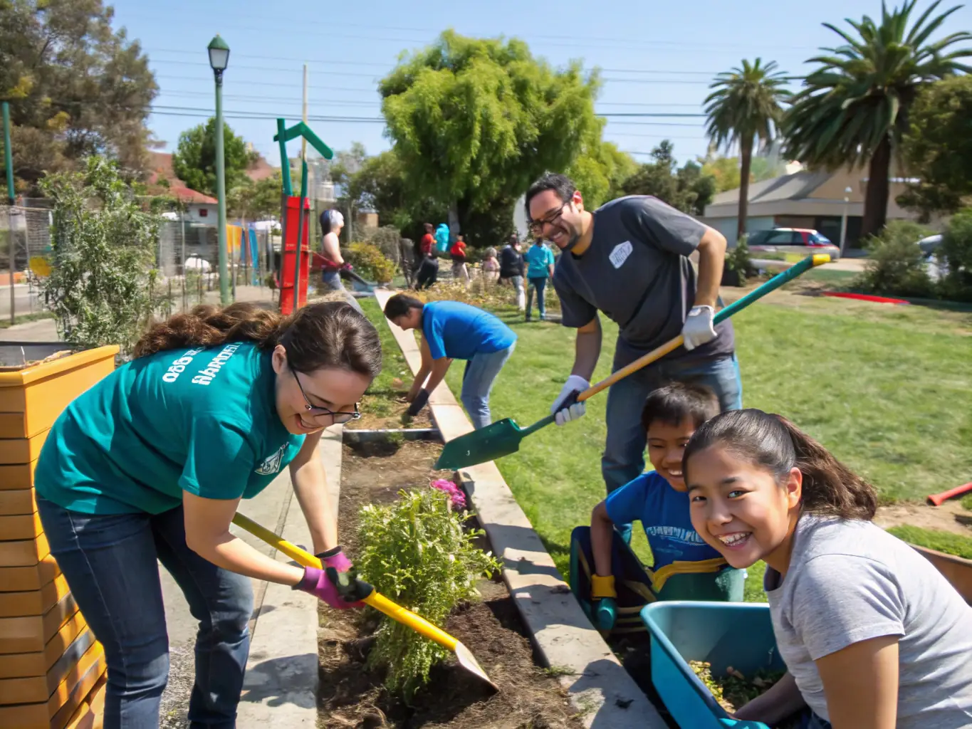 A photo of ASSOCIATION LUDOBUS volunteers setting up an outdoor play area, emphasizing the organization's commitment to community development and accessible play spaces.