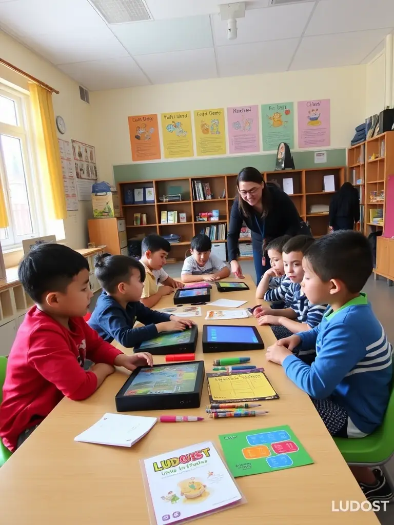 An image of a Ludobus facilitator guiding children through an educational game, demonstrating the organization's commitment to educational development.