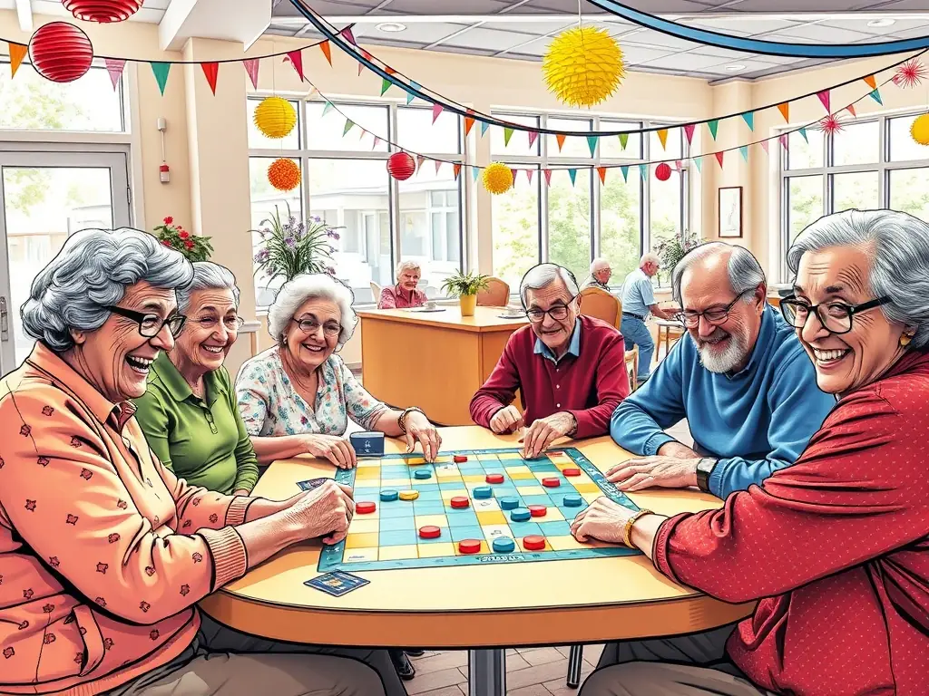 An image showing a group of seniors participating in a game session facilitated by ASSOCIATION LUDOBUS, highlighting the intergenerational aspect of the organization's activities.