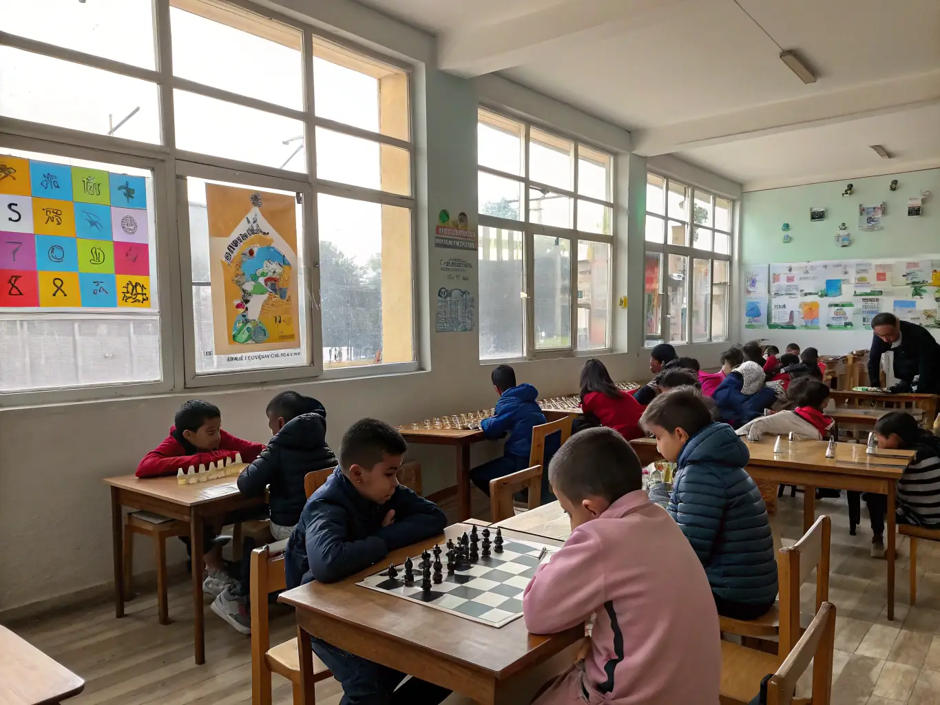 An image of children and seniors playing board games together in a community center, showcasing intergenerational interaction and engagement.