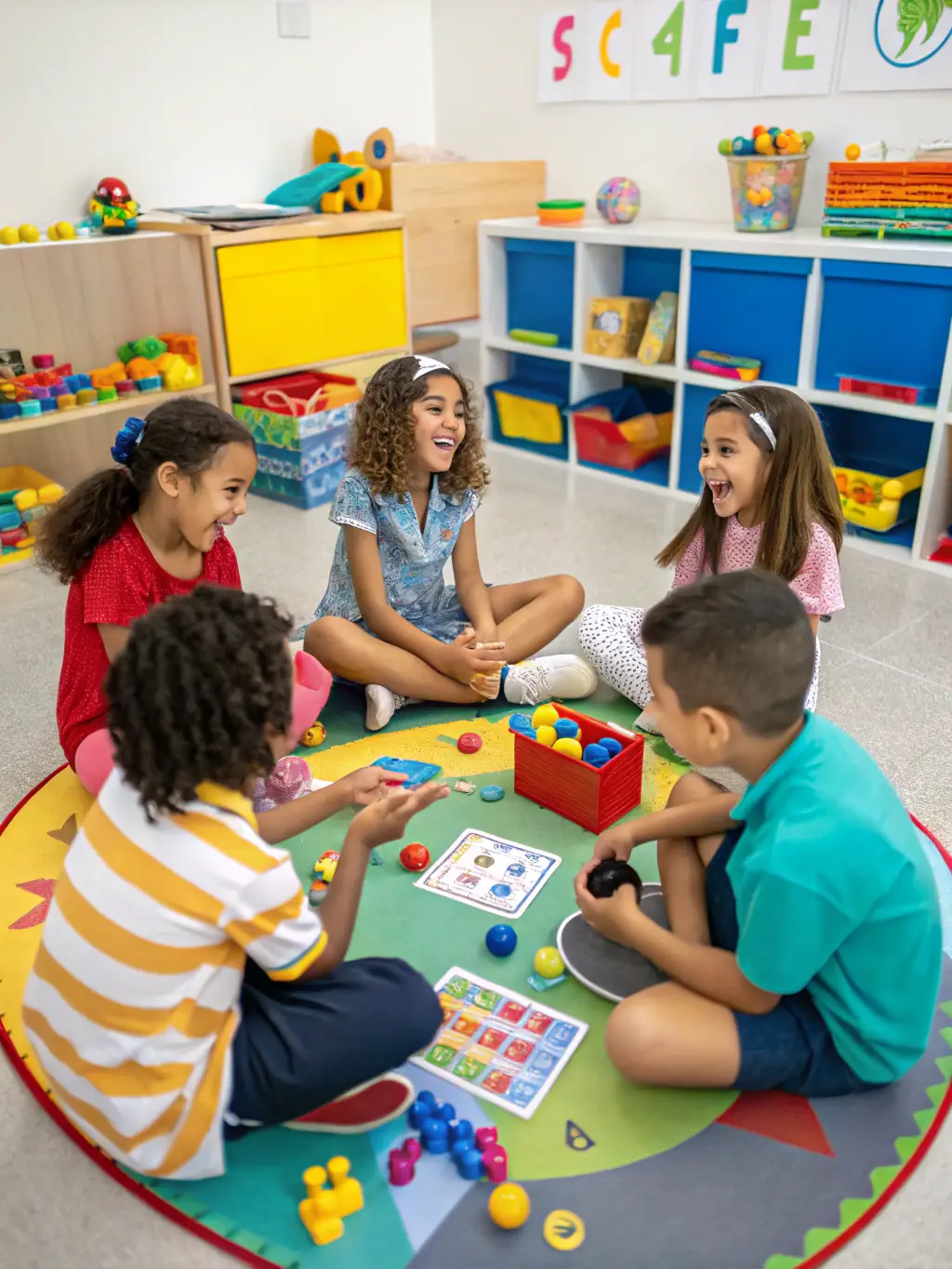A vibrant image of children playing together with educational toys in a Ludobus setting, showcasing the joy of learning through play.
